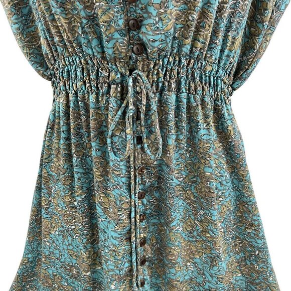 Luck Star Ibiza 100% Silk High Low Button Up Midi Dress Ruffled Hem Unique Print - Picture 7 of 16